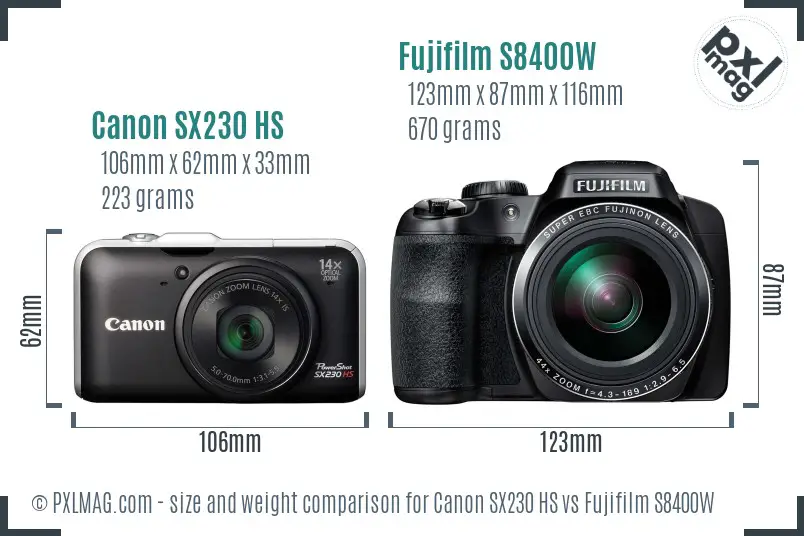 Canon SX230 HS vs Fujifilm S8400W size comparison
