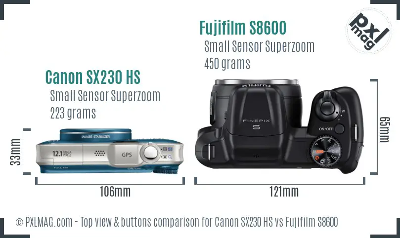 Canon SX230 HS vs Fujifilm S8600 top view buttons comparison