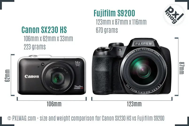 Canon SX230 HS vs Fujifilm S9200 size comparison