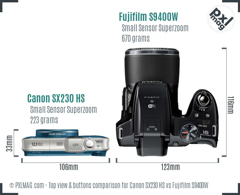 Canon SX230 HS vs Fujifilm S9400W top view buttons comparison Canon SX230 HS vs Fujifilm S9400W top view buttons comparison