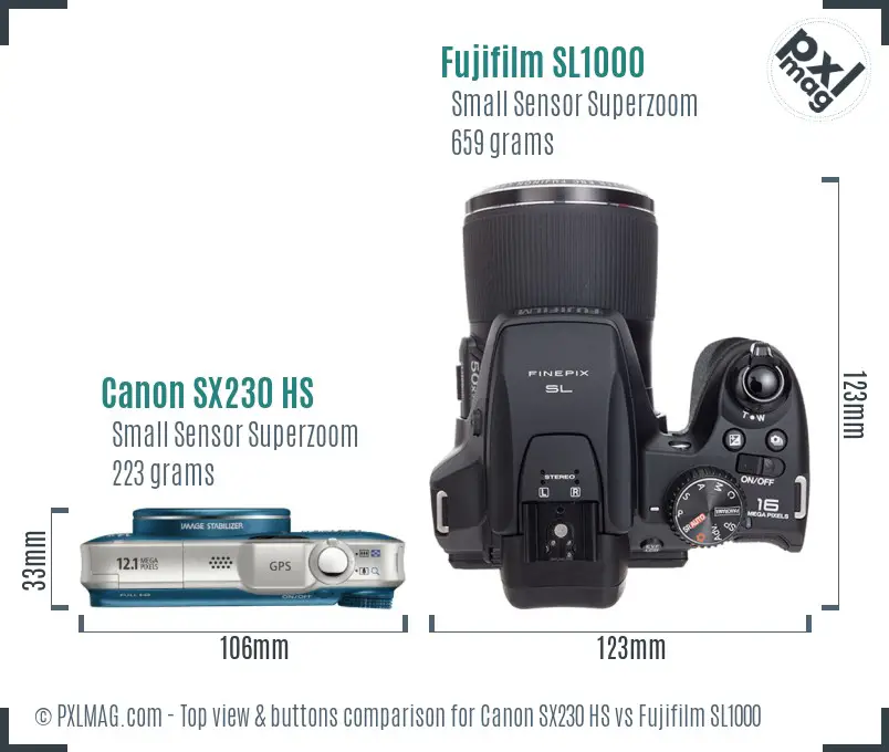 Canon SX230 HS vs Fujifilm SL1000 top view buttons comparison