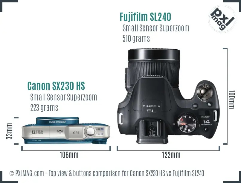 Canon SX230 HS vs Fujifilm SL240 top view buttons comparison