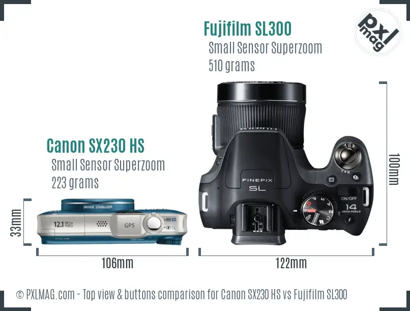 Canon SX230 HS vs Fujifilm SL300 top view buttons comparison