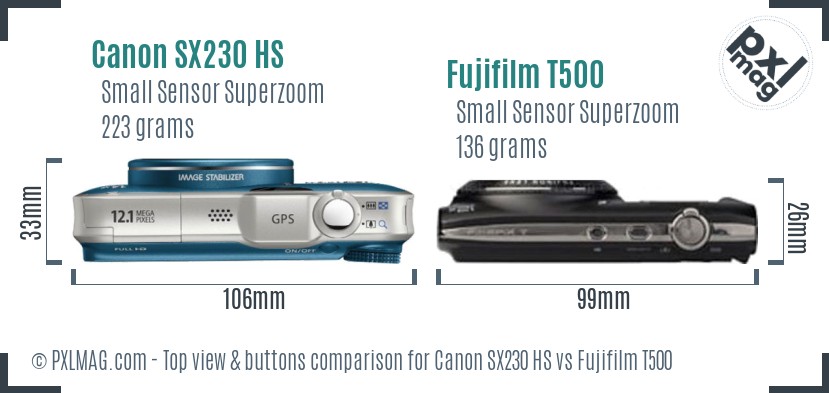 Canon SX230 HS vs Fujifilm T500 top view buttons comparison