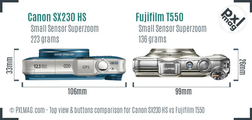 Canon SX230 HS vs Fujifilm T550 top view buttons comparison Canon SX230 HS vs Fujifilm T550 top view buttons comparison