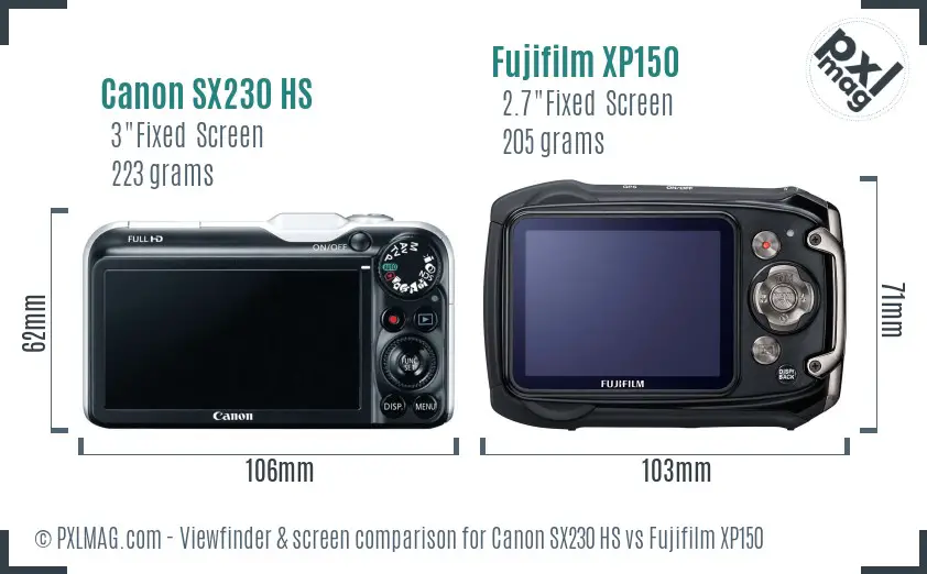 Canon SX230 HS vs Fujifilm XP150 Screen and Viewfinder comparison