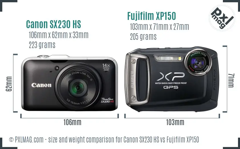 Canon SX230 HS vs Fujifilm XP150 size comparison