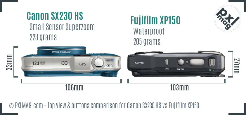 Canon SX230 HS vs Fujifilm XP150 top view buttons comparison