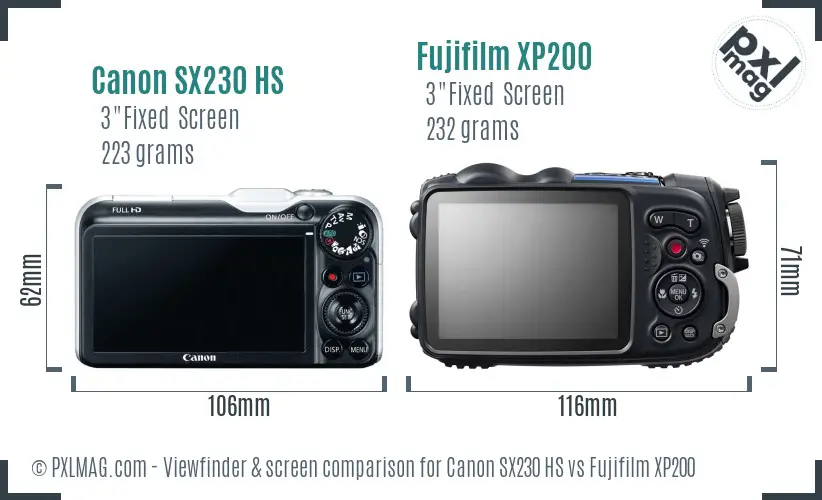 Canon SX230 HS vs Fujifilm XP200 Screen and Viewfinder comparison