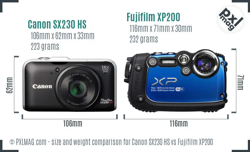 Canon SX230 HS vs Fujifilm XP200 size comparison