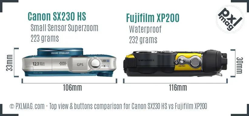 Canon SX230 HS vs Fujifilm XP200 top view buttons comparison
