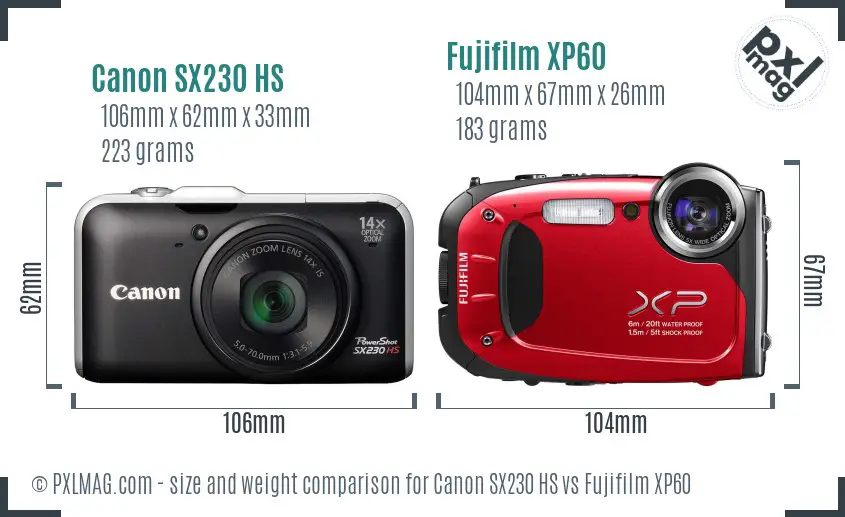 Canon SX230 HS vs Fujifilm XP60 size comparison