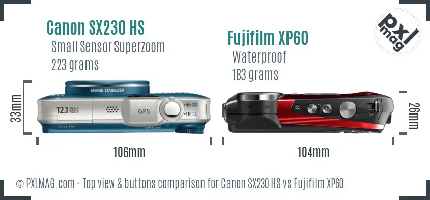 Canon SX230 HS vs Fujifilm XP60 top view buttons comparison