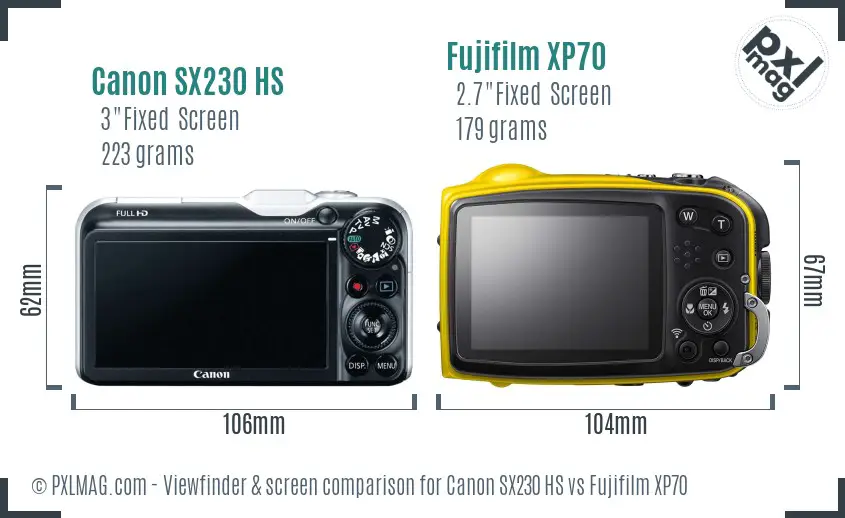 Canon SX230 HS vs Fujifilm XP70 Screen and Viewfinder comparison
