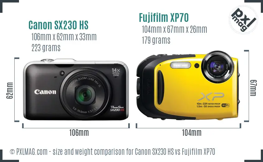 Canon SX230 HS vs Fujifilm XP70 size comparison