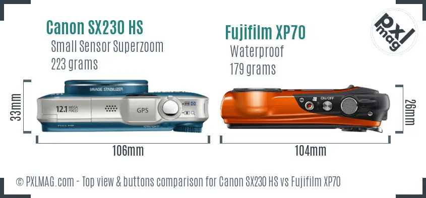 Canon SX230 HS vs Fujifilm XP70 top view buttons comparison