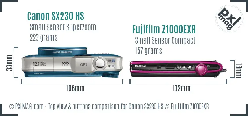 Canon SX230 HS vs Fujifilm Z1000EXR top view buttons comparison