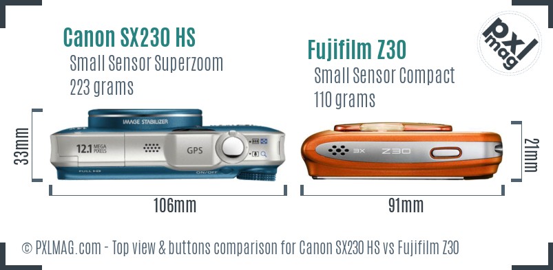 Canon SX230 HS vs Fujifilm Z30 top view buttons comparison