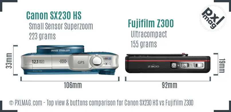 Canon SX230 HS vs Fujifilm Z300 top view buttons comparison