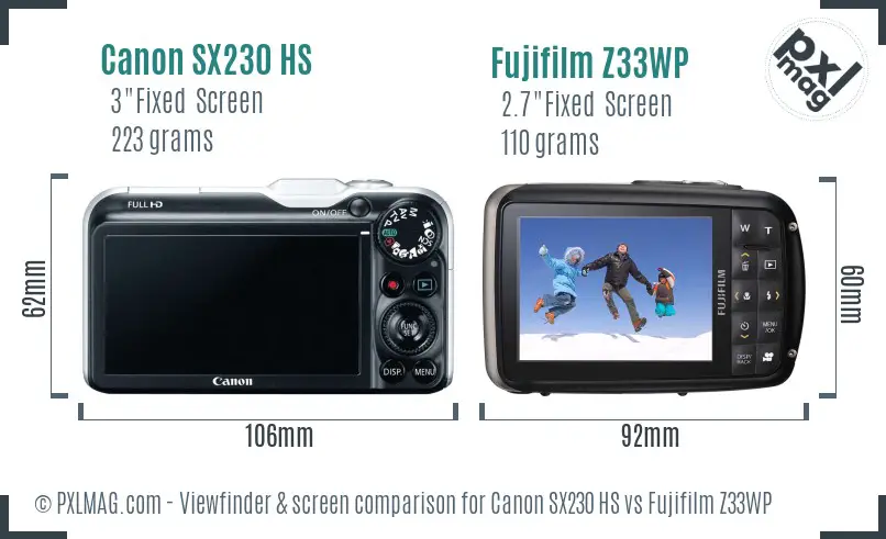 Canon SX230 HS vs Fujifilm Z33WP Screen and Viewfinder comparison