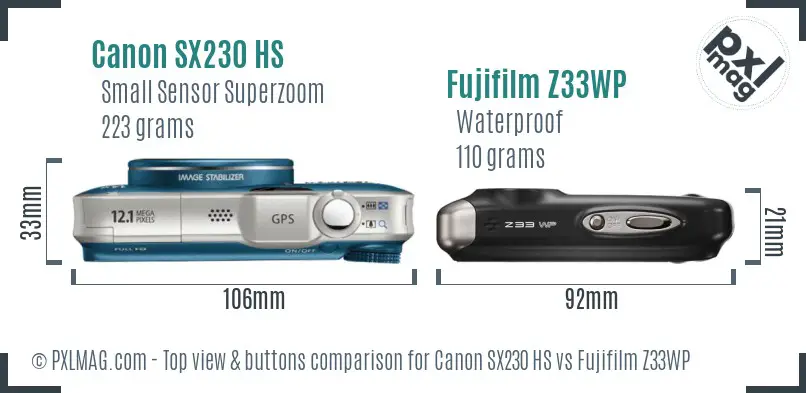 Canon SX230 HS vs Fujifilm Z33WP top view buttons comparison