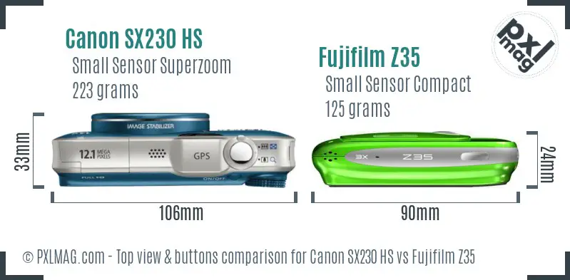 Canon SX230 HS vs Fujifilm Z35 top view buttons comparison