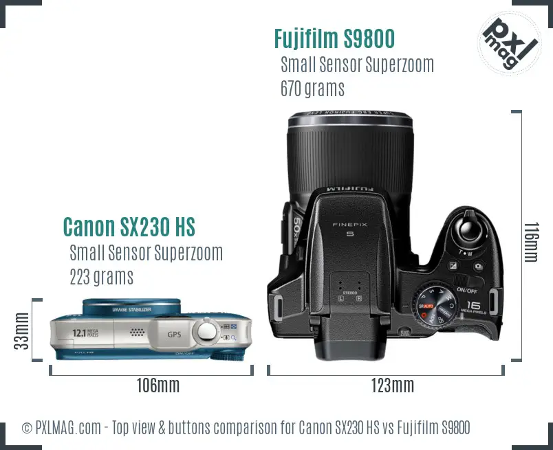 Canon SX230 HS vs Fujifilm S9800 top view buttons comparison Canon SX230 HS vs Fujifilm S9800 top view buttons comparison