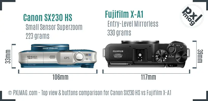 Canon SX230 HS vs Fujifilm X-A1 top view buttons comparison