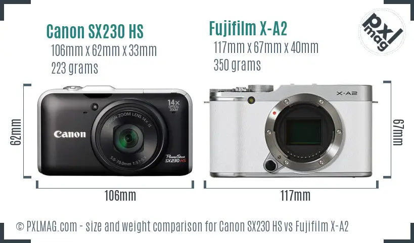 Canon SX230 HS vs Fujifilm X-A2 size comparison