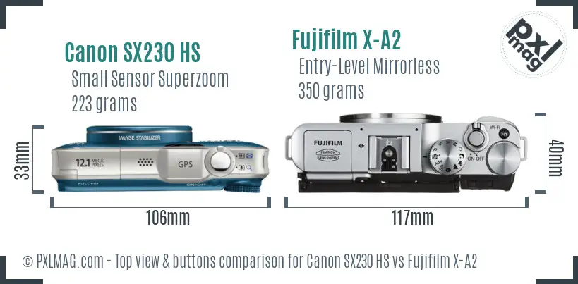 Canon SX230 HS vs Fujifilm X-A2 top view buttons comparison