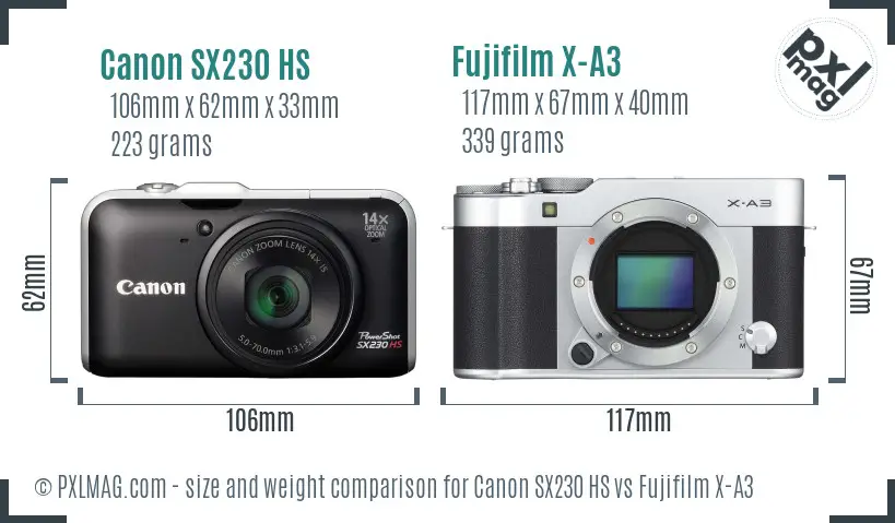 Canon SX230 HS vs Fujifilm X-A3 size comparison