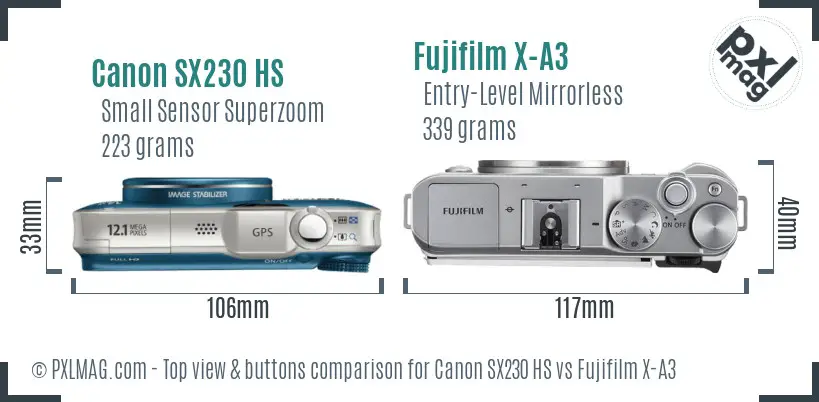 Canon SX230 HS vs Fujifilm X-A3 top view buttons comparison