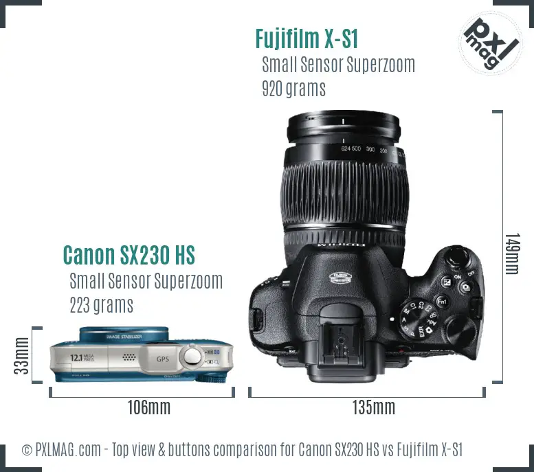 Canon SX230 HS vs Fujifilm X-S1 top view buttons comparison