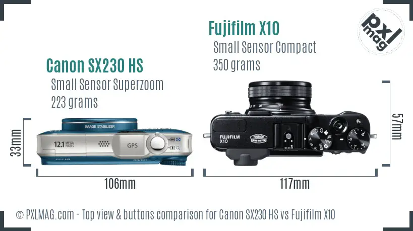 Canon SX230 HS vs Fujifilm X10 top view buttons comparison