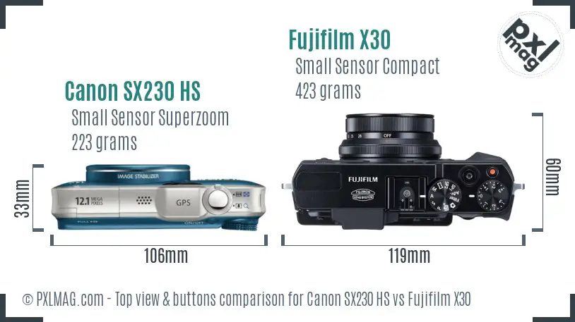 Canon SX230 HS vs Fujifilm X30 top view buttons comparison