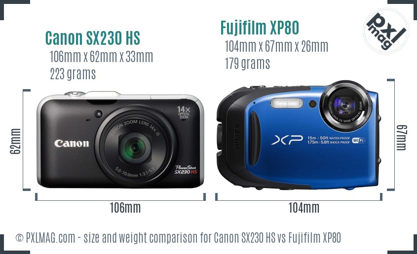 Canon SX230 HS vs Fujifilm XP80 size comparison
