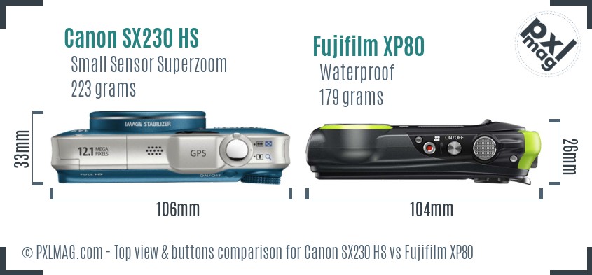 Canon SX230 HS vs Fujifilm XP80 top view buttons comparison