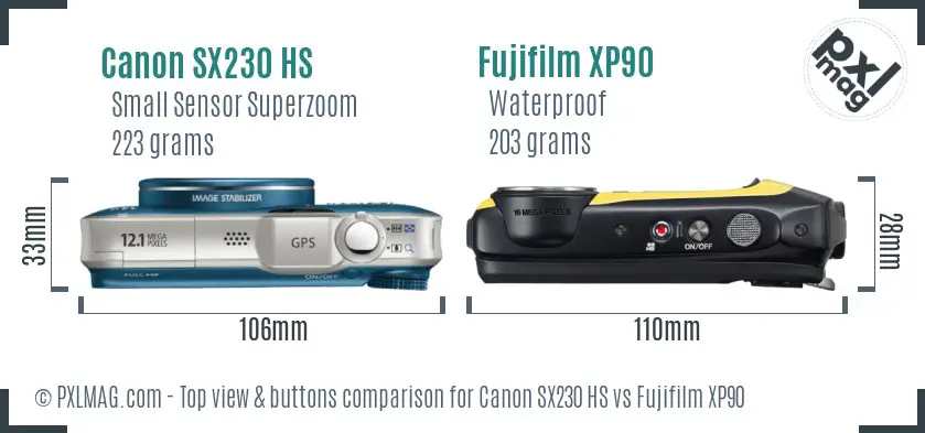 Canon SX230 HS vs Fujifilm XP90 top view buttons comparison