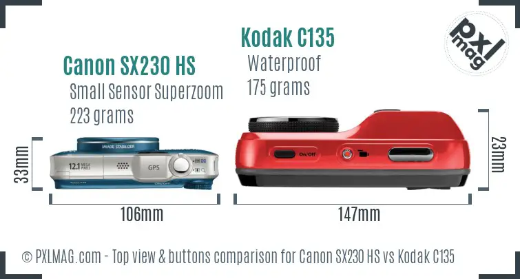 Canon SX230 HS vs Kodak C135 top view buttons comparison Canon SX230 HS vs Kodak C135 top view buttons comparison