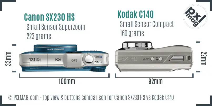 Canon SX230 HS vs Kodak C140 top view buttons comparison