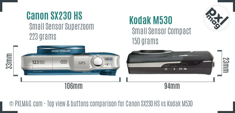 Canon SX230 HS vs Kodak M530 top view buttons comparison