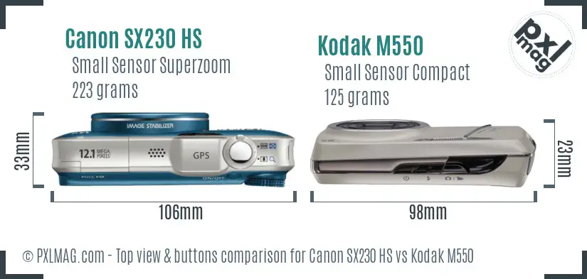 Canon SX230 HS vs Kodak M550 top view buttons comparison