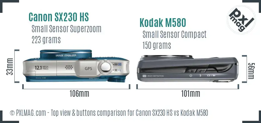 Canon SX230 HS vs Kodak M580 top view buttons comparison