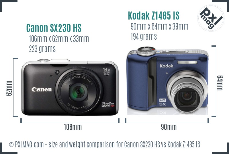 Canon SX230 HS vs Kodak Z1485 IS size comparison