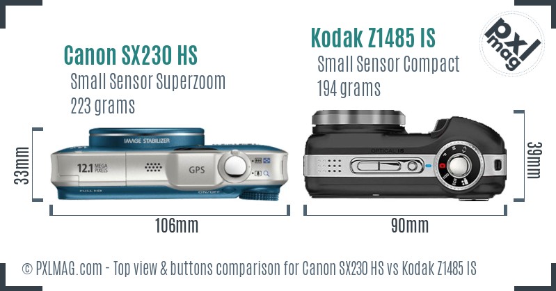 Canon SX230 HS vs Kodak Z1485 IS top view buttons comparison
