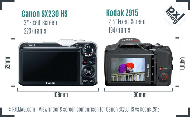 Canon SX230 HS vs Kodak Z915 Screen and Viewfinder comparison
