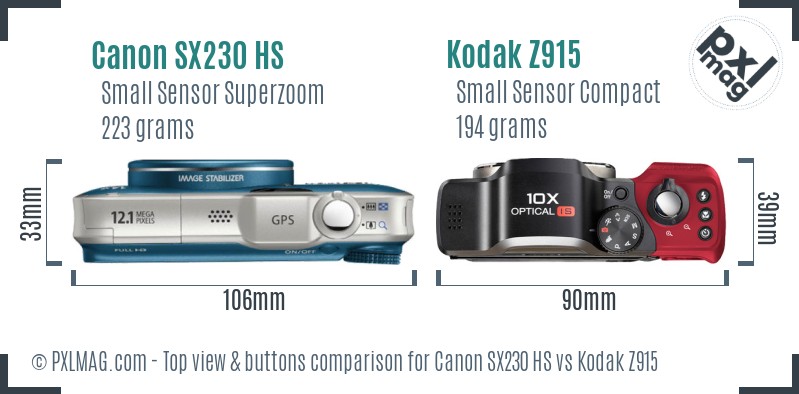 Canon SX230 HS vs Kodak Z915 top view buttons comparison