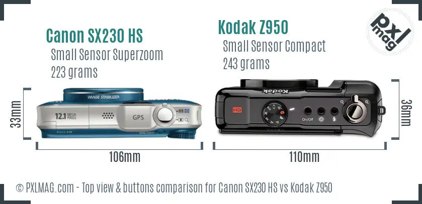 Canon SX230 HS vs Kodak Z950 top view buttons comparison