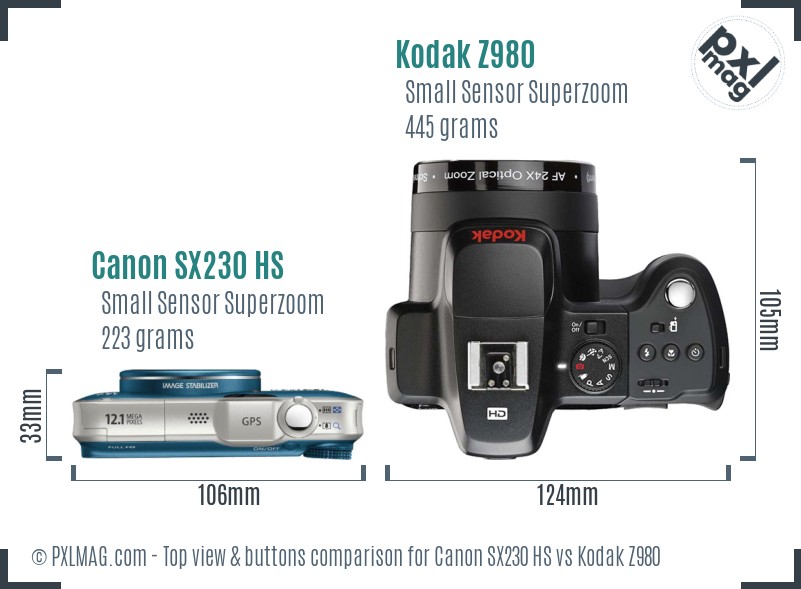 Canon SX230 HS vs Kodak Z980 top view buttons comparison