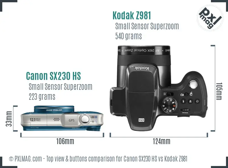 Canon SX230 HS vs Kodak Z981 top view buttons comparison Canon SX230 HS vs Kodak Z981 top view buttons comparison